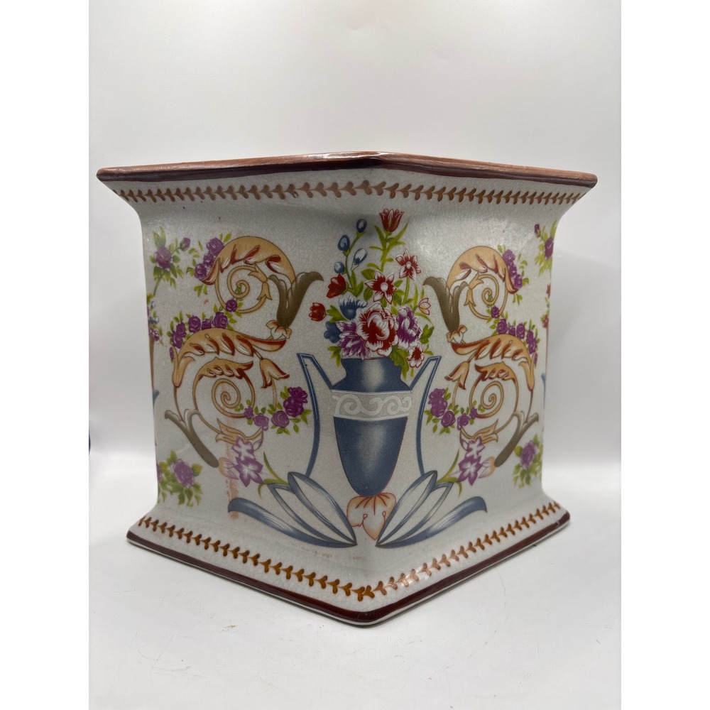 Vintage French Floral Ceramic Diamond Planter Vase Crackle Glaze Shabby Chic - Picture 3 of 6